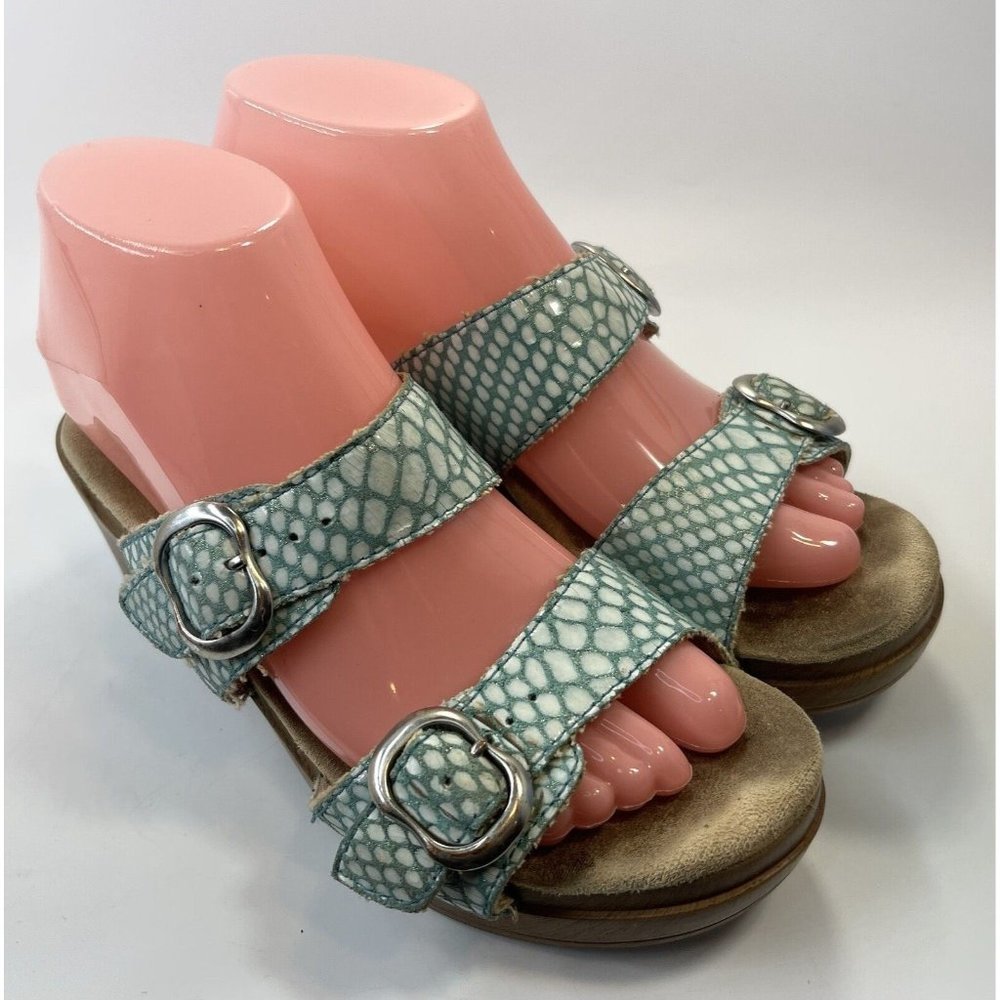 Dansko Womens Sophie Blue Leather Block Heel Slide Sandals Size US 7 EUR 37